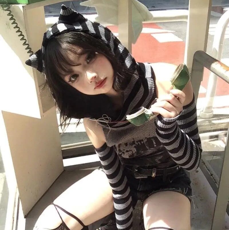 kawaiies-softtoys-plushies-kawaii-plush-Gothic Gray Striped Cat Hooded Women's Top Apparel 