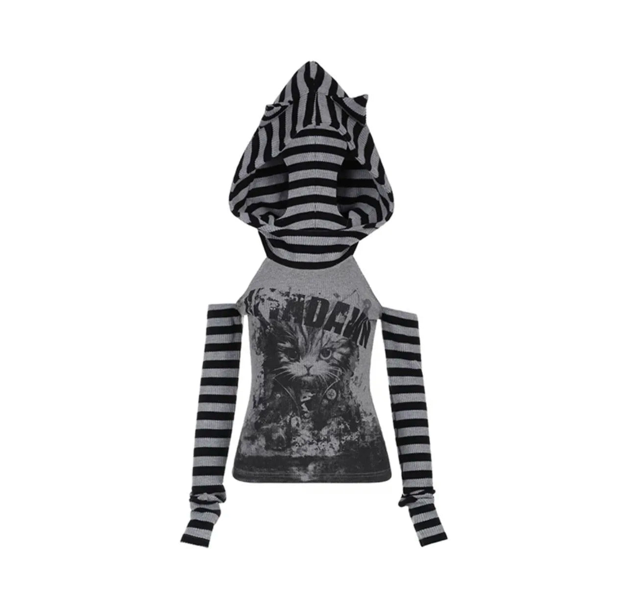 kawaiies-softtoys-plushies-kawaii-plush-Gothic Gray Striped Cat Hooded Women's Top Apparel 