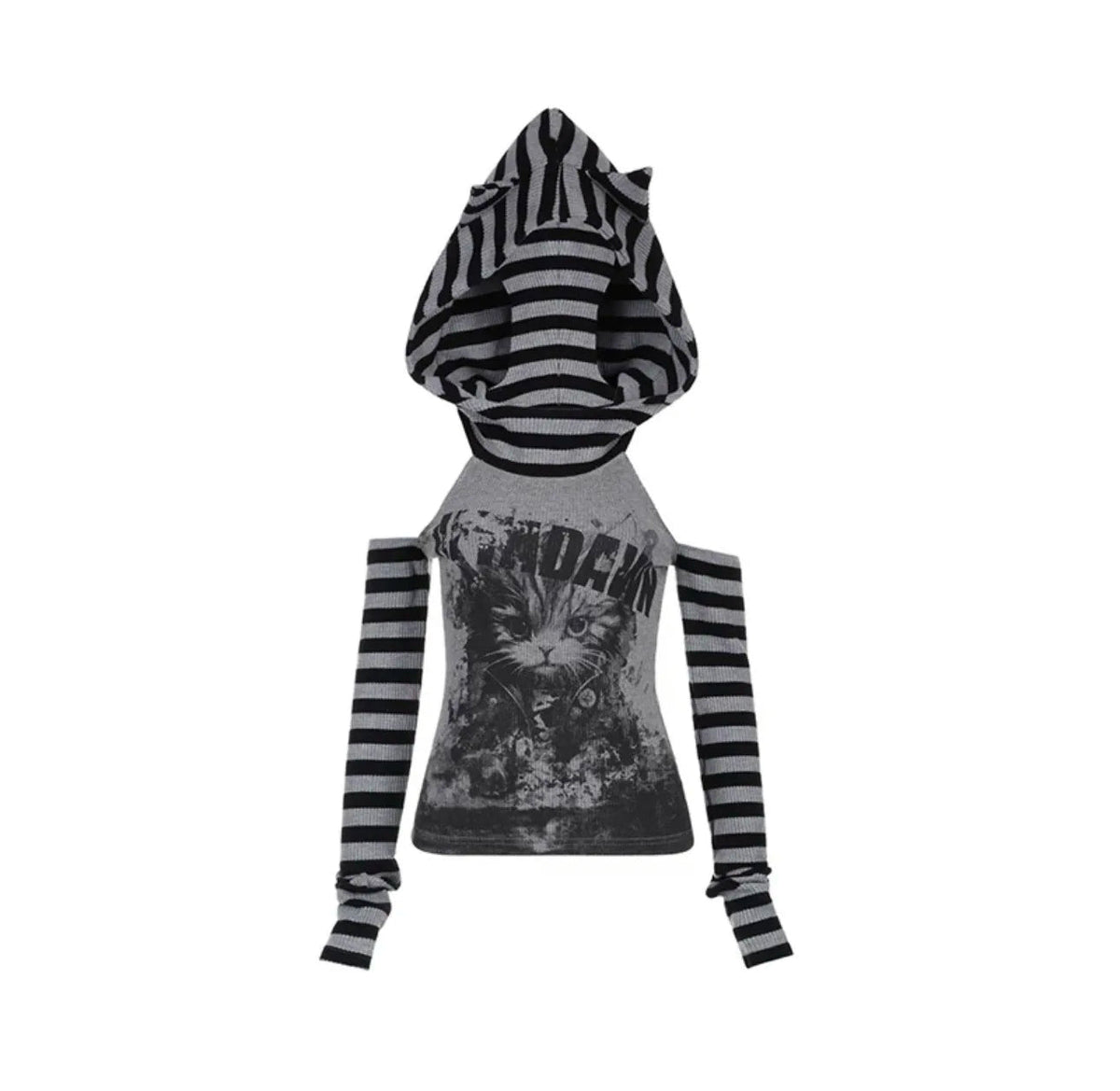 kawaiies-softtoys-plushies-kawaii-plush-Gothic Gray Striped Cat Hooded Women's Top Apparel 