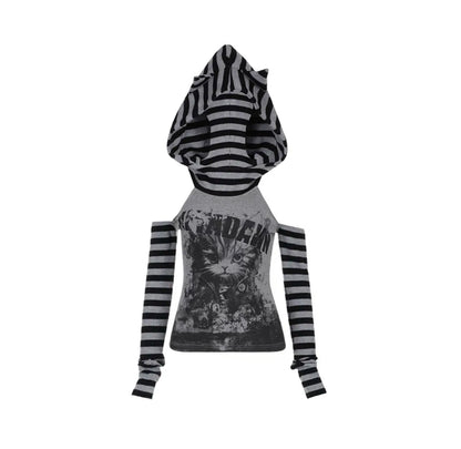 kawaiies-softtoys-plushies-kawaii-plush-Gothic Gray Striped Cat Hooded Women's Top Apparel 