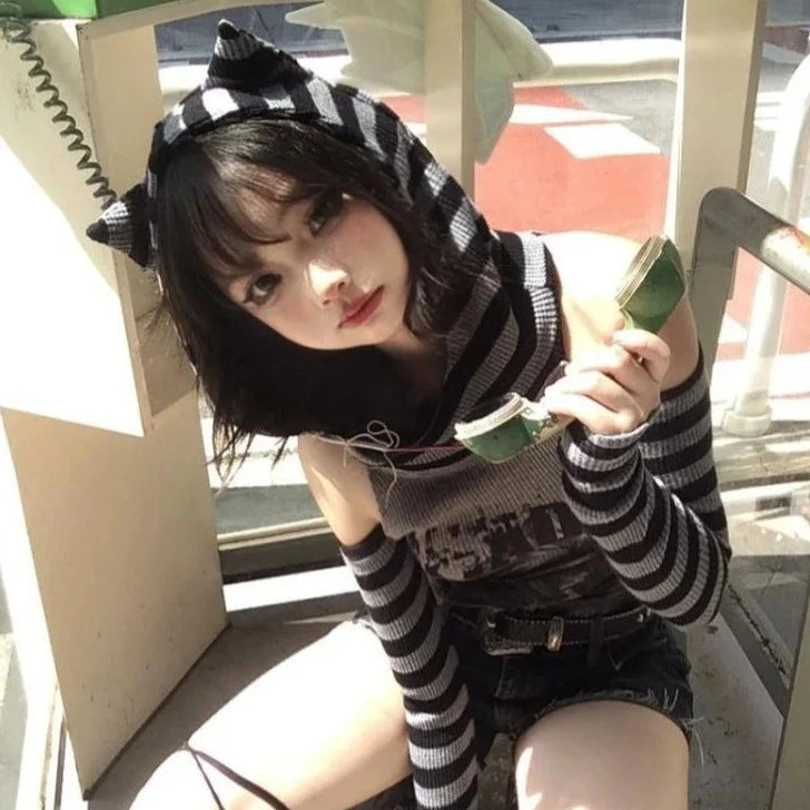 kawaiies-softtoys-plushies-kawaii-plush-Gothic Gray Striped Cat Hooded Women's Top Apparel 