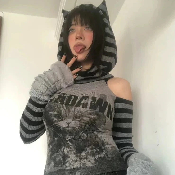kawaiies-softtoys-plushies-kawaii-plush-Gothic Gray Striped Cat Hooded Women's Top Apparel 