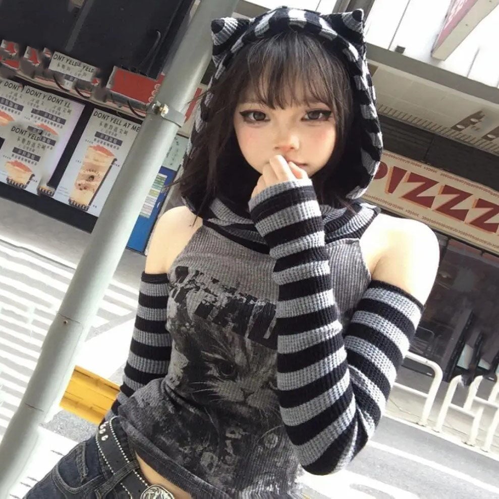 kawaiies-softtoys-plushies-kawaii-plush-Gothic Gray Striped Cat Hooded Women's Top Apparel 