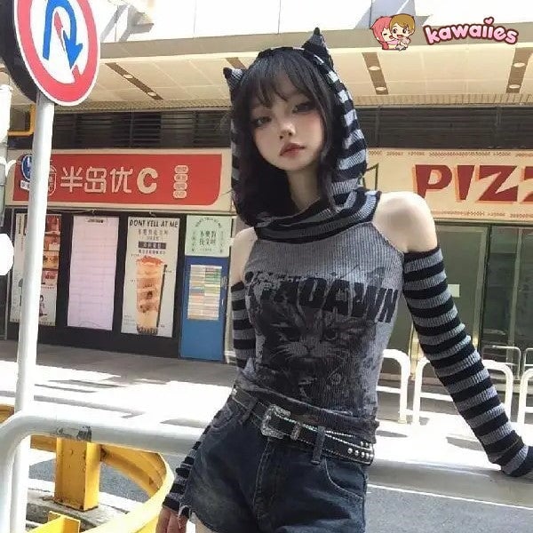 kawaiies-softtoys-plushies-kawaii-plush-Gothic Gray Striped Cat Hooded Women's Top Apparel S 