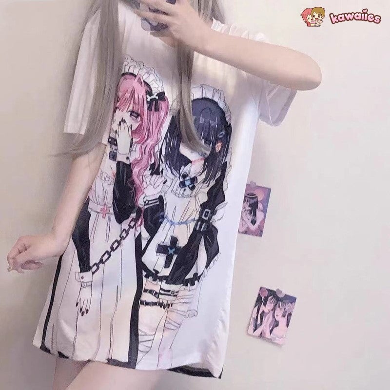 kawaiies-softtoys-plushies-kawaii-plush-Gothic Harajuku Two Girls Long White Women's Tee Apparel 