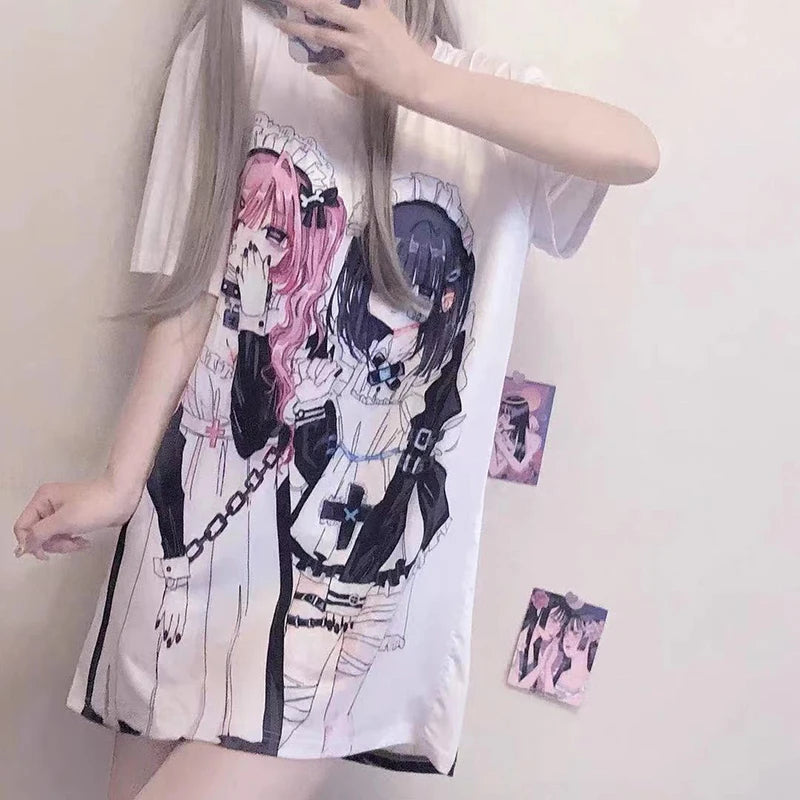 kawaiies-softtoys-plushies-kawaii-plush-Gothic Harajuku Two Girls Long White Women's Tee Apparel 