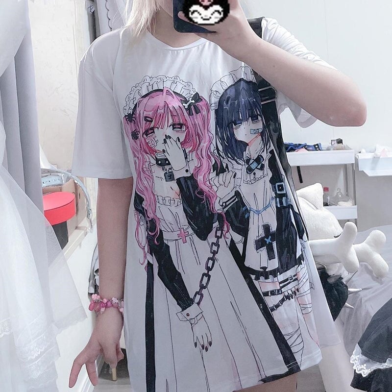 kawaiies-softtoys-plushies-kawaii-plush-Gothic Harajuku Two Girls Long White Women's Tee Apparel 