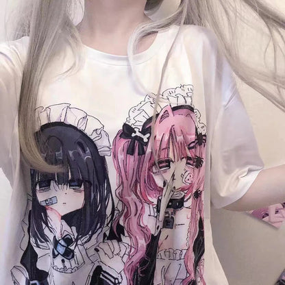kawaiies-softtoys-plushies-kawaii-plush-Gothic Harajuku Two Girls Long White Women's Tee Apparel 