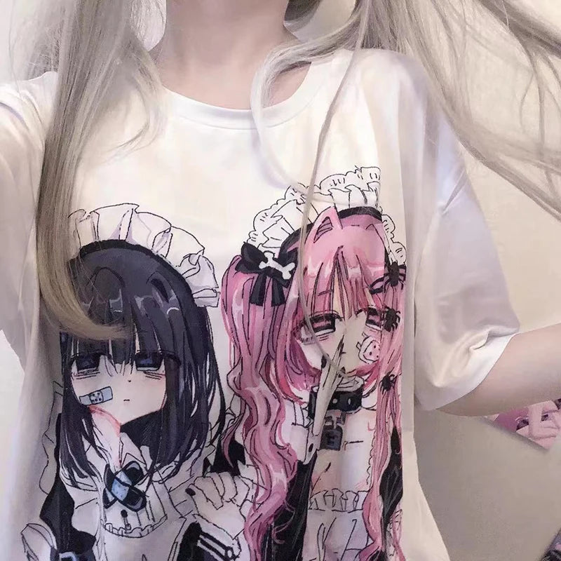 kawaiies-softtoys-plushies-kawaii-plush-Gothic Harajuku Two Girls Long White Women's Tee Apparel 