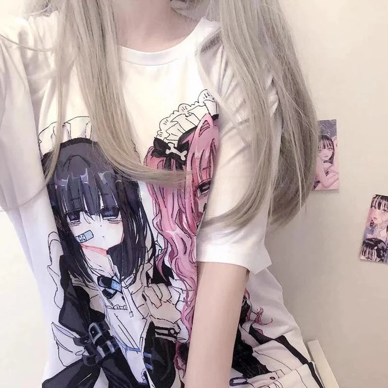 kawaiies-softtoys-plushies-kawaii-plush-Gothic Harajuku Two Girls Long White Women's Tee Apparel 