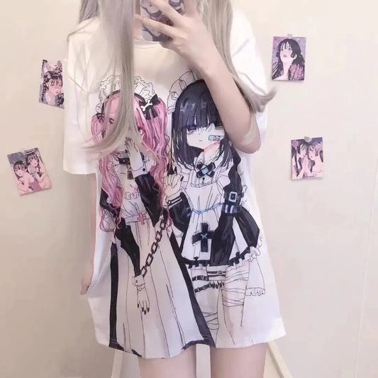 kawaiies-softtoys-plushies-kawaii-plush-Gothic Harajuku Two Girls Long White Women's Tee Apparel 
