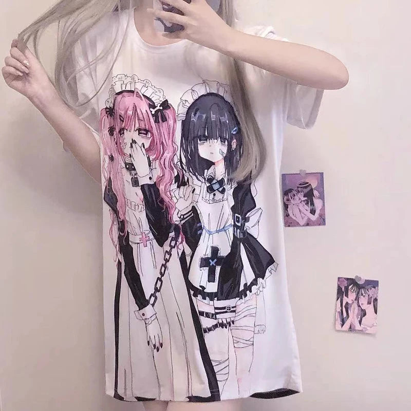 kawaiies-softtoys-plushies-kawaii-plush-Gothic Harajuku Two Girls Long White Women's Tee Apparel 