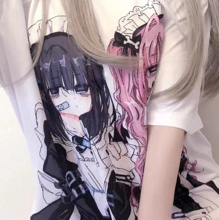 kawaiies-softtoys-plushies-kawaii-plush-Gothic Harajuku Two Girls Long White Women's Tee Apparel 