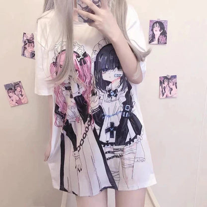 kawaiies-softtoys-plushies-kawaii-plush-Gothic Harajuku Two Girls Long White Women's Tee Apparel 