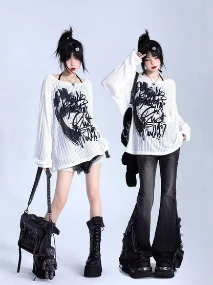 kawaiies-softtoys-plushies-kawaii-plush-Graffiti Print Oversized Ribbed Long Sleeve Top Apparel 