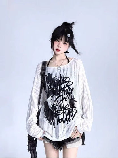 kawaiies-softtoys-plushies-kawaii-plush-Graffiti Print Oversized Ribbed Long Sleeve Top Apparel M 