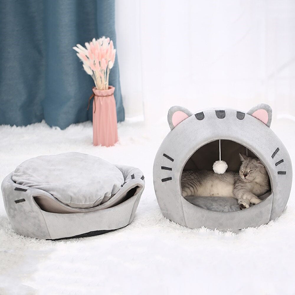 kawaiies-softtoys-plushies-kawaii-plush-Gray Cat-themed Cat Dog Pet Round Cave House pet toys 