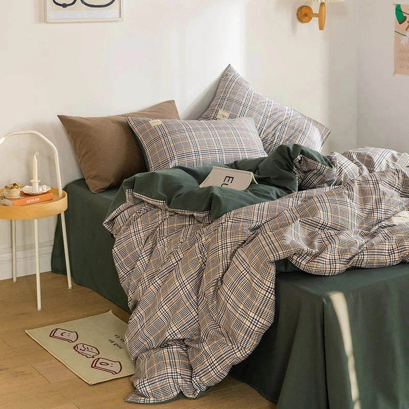 kawaiies-softtoys-plushies-kawaii-plush-Green Two-Tone Checked Plaid Bedding Set Bedding Sets 