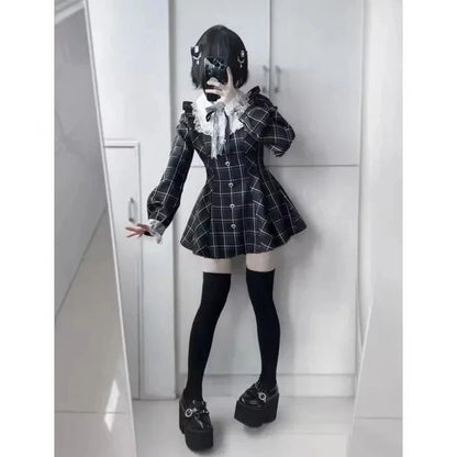 kawaiies-softtoys-plushies-kawaii-plush-Harajuku Black Plaid Hearts Laced Lolita Women's Dress Apparel 