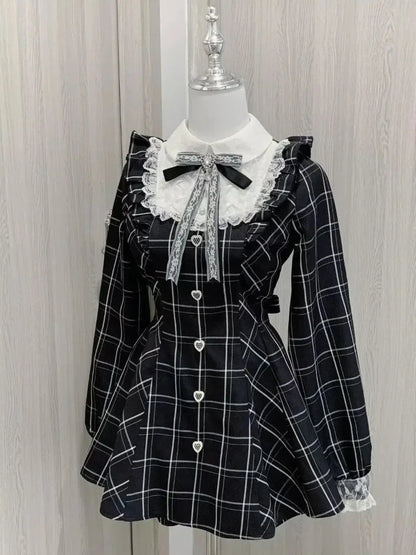 kawaiies-softtoys-plushies-kawaii-plush-Harajuku Black Plaid Hearts Laced Lolita Women's Dress Apparel 