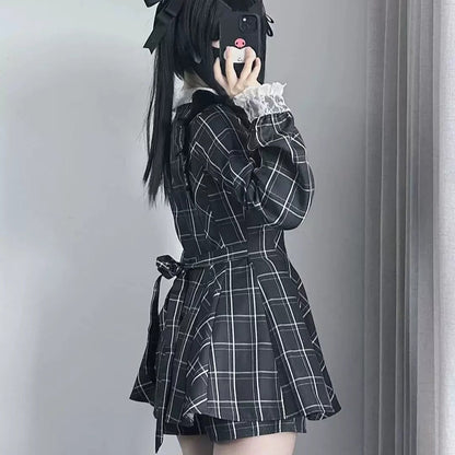 kawaiies-softtoys-plushies-kawaii-plush-Harajuku Black Plaid Hearts Laced Lolita Women's Dress Apparel L 