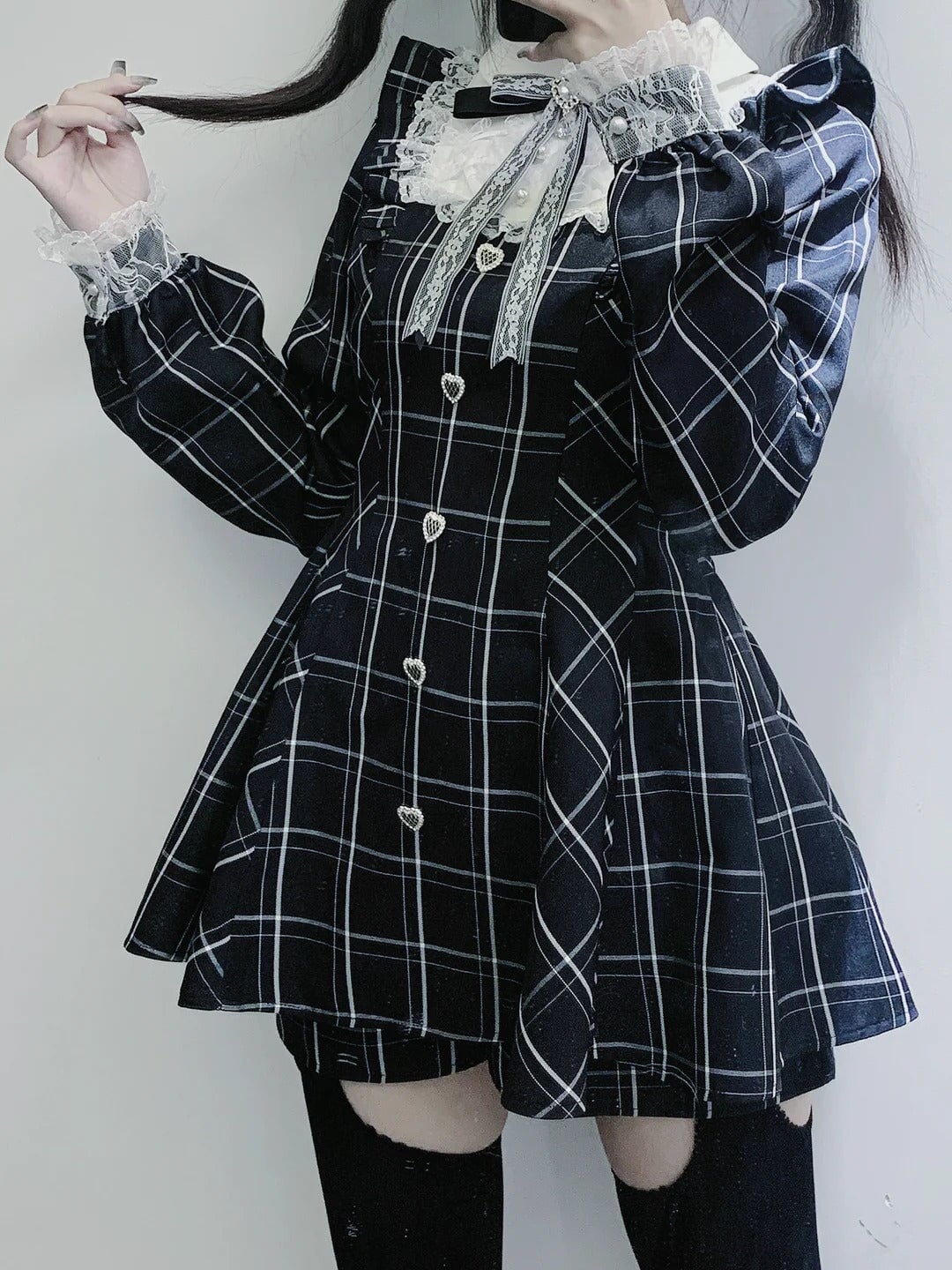 kawaiies-softtoys-plushies-kawaii-plush-Harajuku Black Plaid Hearts Laced Lolita Women's Dress Apparel M 