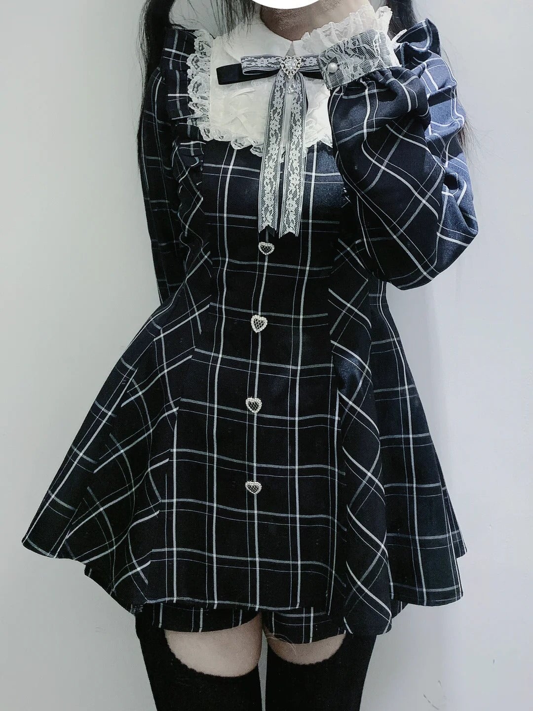 kawaiies-softtoys-plushies-kawaii-plush-Harajuku Black Plaid Hearts Laced Lolita Women's Dress Apparel XL 