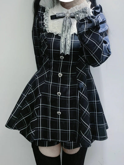 kawaiies-softtoys-plushies-kawaii-plush-Harajuku Black Plaid Hearts Laced Lolita Women's Dress Apparel XL 