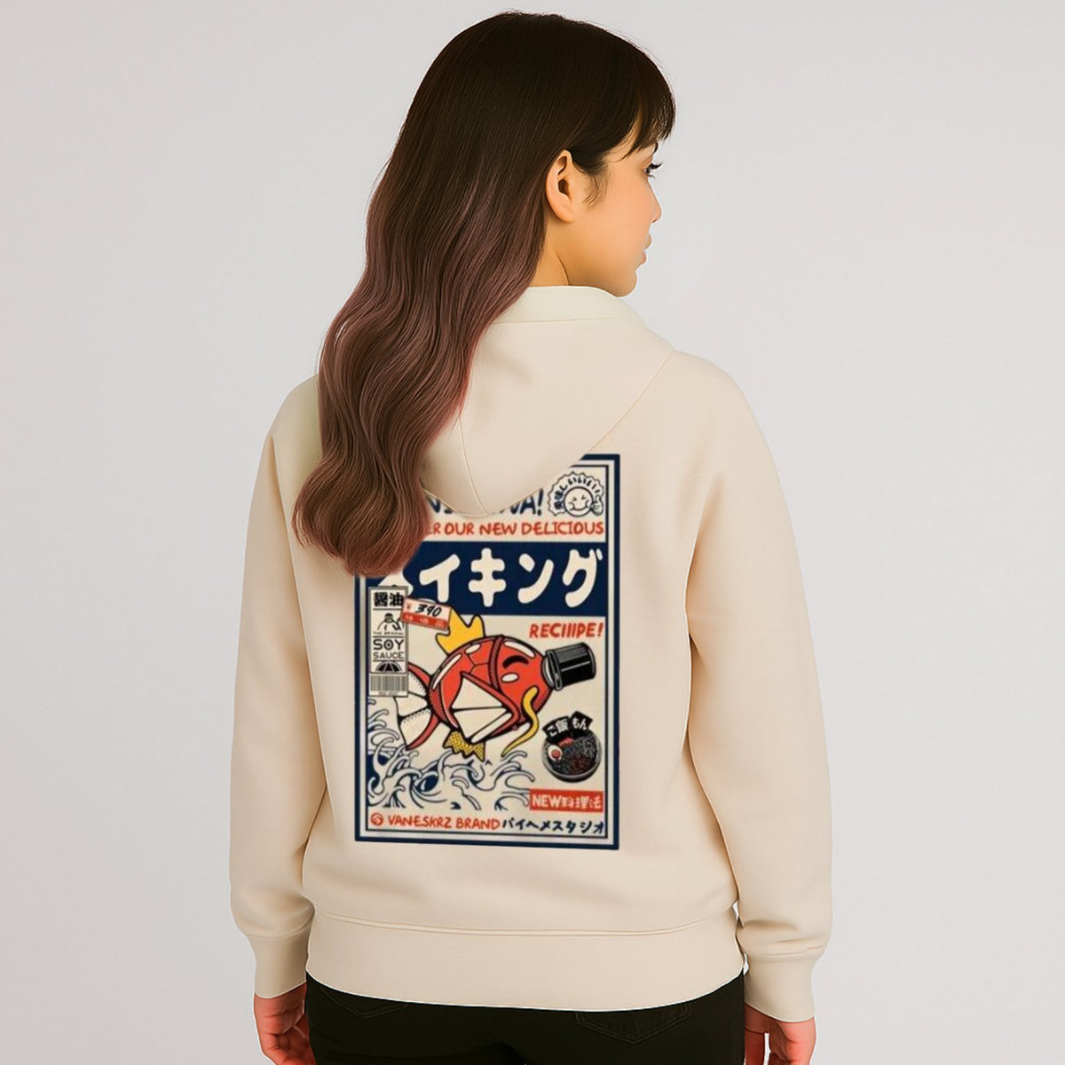 kawaiies-softtoys-plushies-kawaii-plush-Harajuku Japanese Fish Konnichiwa Poster Unisex Hoodie Apparel Cream S 