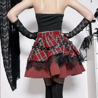 kawaiies-softtoys-plushies-kawaii-plush-Harajuku Lolita Gothic Rouge Red Laced Plaid Pleated Skirt Apparel 