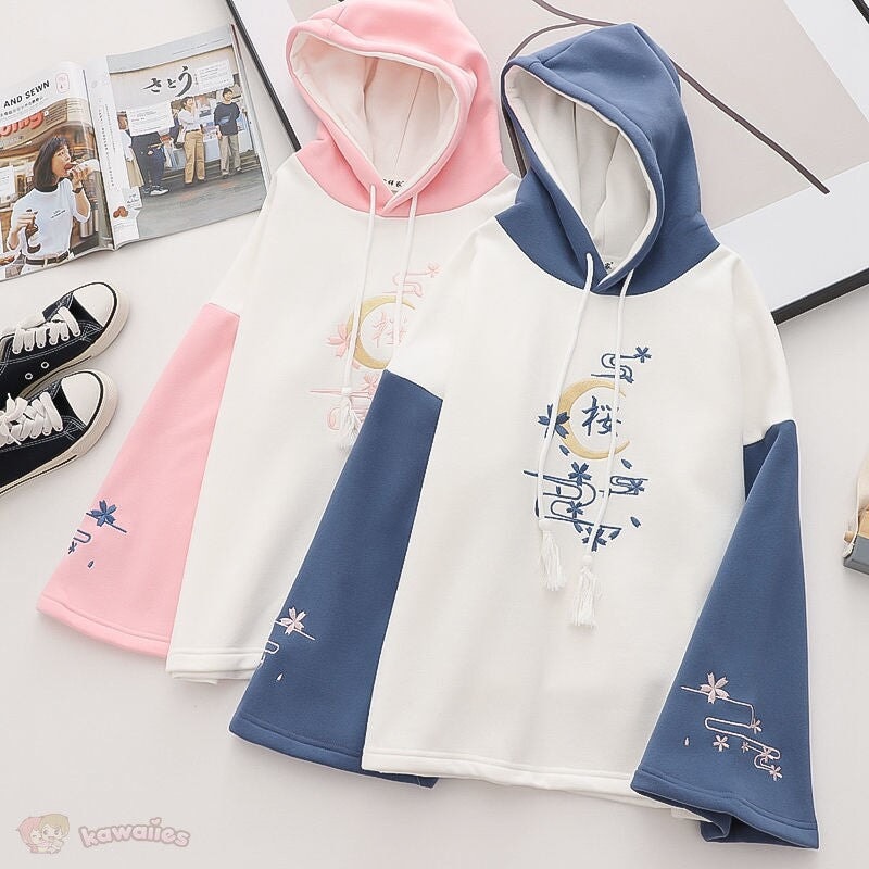 kawaiies-softtoys-plushies-kawaii-plush-Harajuku Moon Sakura Blue Pink Loose Women's Hoodie Hoodies 