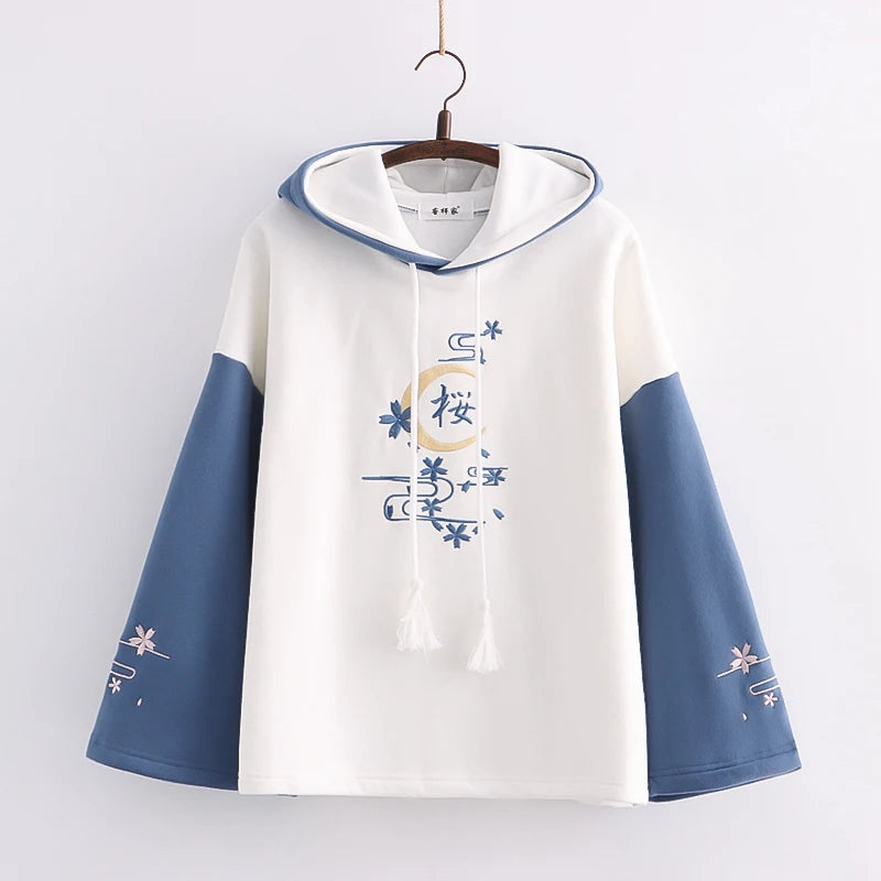 kawaiies-softtoys-plushies-kawaii-plush-Harajuku Moon Sakura Blue Pink Loose Women's Hoodie Hoodies 