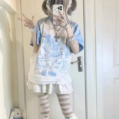 kawaiies-softtoys-plushies-kawaii-plush-Harajuku Pastel Rebel Blue Black Two-tone Oversized Anime Tee Apparel 