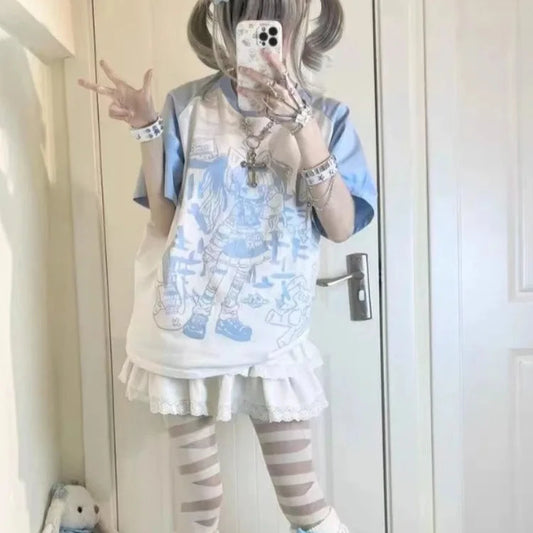 kawaiies-softtoys-plushies-kawaii-plush-Harajuku Pastel Rebel Blue Black Two-tone Oversized Anime Tee Apparel 