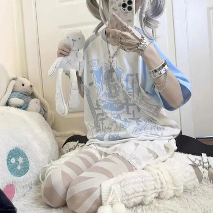 kawaiies-softtoys-plushies-kawaii-plush-Harajuku Pastel Rebel Blue Black Two-tone Oversized Anime Tee Apparel 