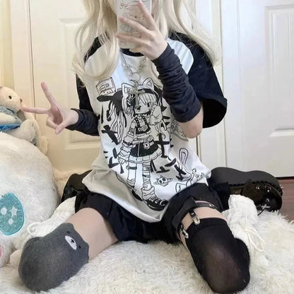 kawaiies-softtoys-plushies-kawaii-plush-Harajuku Pastel Rebel Blue Black Two-tone Oversized Anime Tee Apparel 
