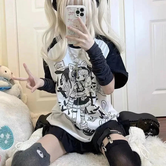 kawaiies-softtoys-plushies-kawaii-plush-Harajuku Pastel Rebel Blue Black Two-tone Oversized Anime Tee Apparel Black S 