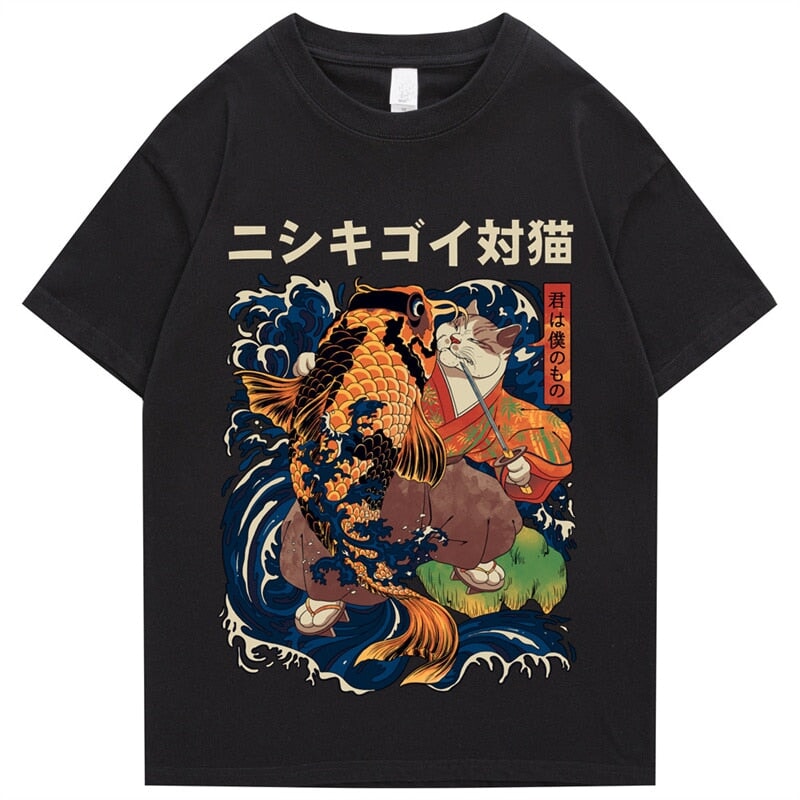 kawaiies-softtoys-plushies-kawaii-plush-Harajuku Samurai Cat Koi Fish Unisex Tee | NEW Tops Black S 