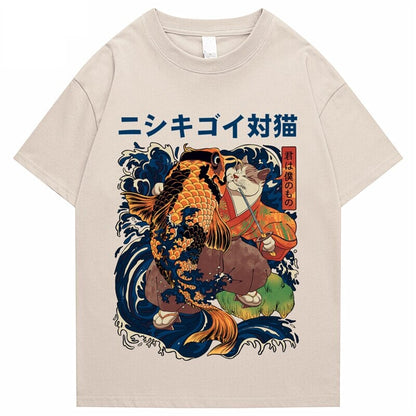kawaiies-softtoys-plushies-kawaii-plush-Harajuku Samurai Cat Koi Fish Unisex Tee | NEW Tops Cream S 