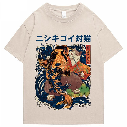 kawaiies-softtoys-plushies-kawaii-plush-Harajuku Samurai Cat Koi Fish Unisex Tee | NEW Tops Cream S 