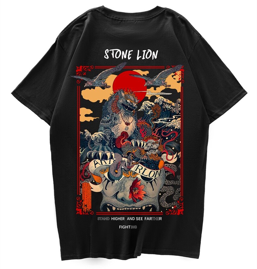 kawaiies-softtoys-plushies-kawaii-plush-Harajuku Stone Lion Printed Streetwear Unisex Tee | NEW Tops Black S 