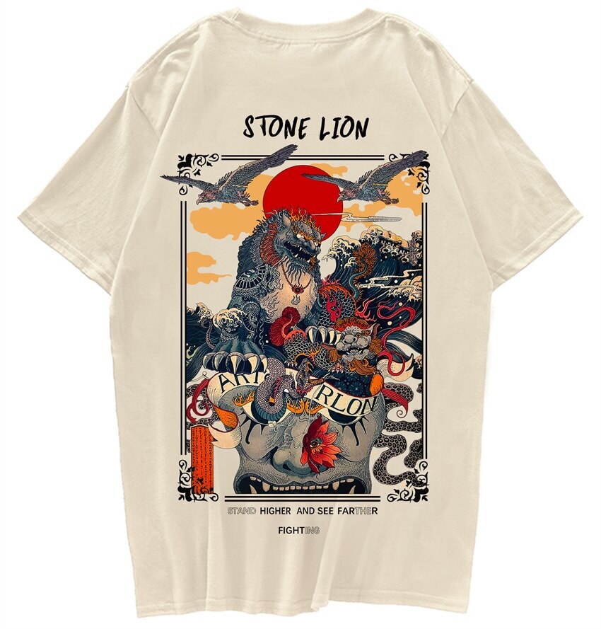 kawaiies-softtoys-plushies-kawaii-plush-Harajuku Stone Lion Printed Streetwear Unisex Tee | NEW Tops Cream S 