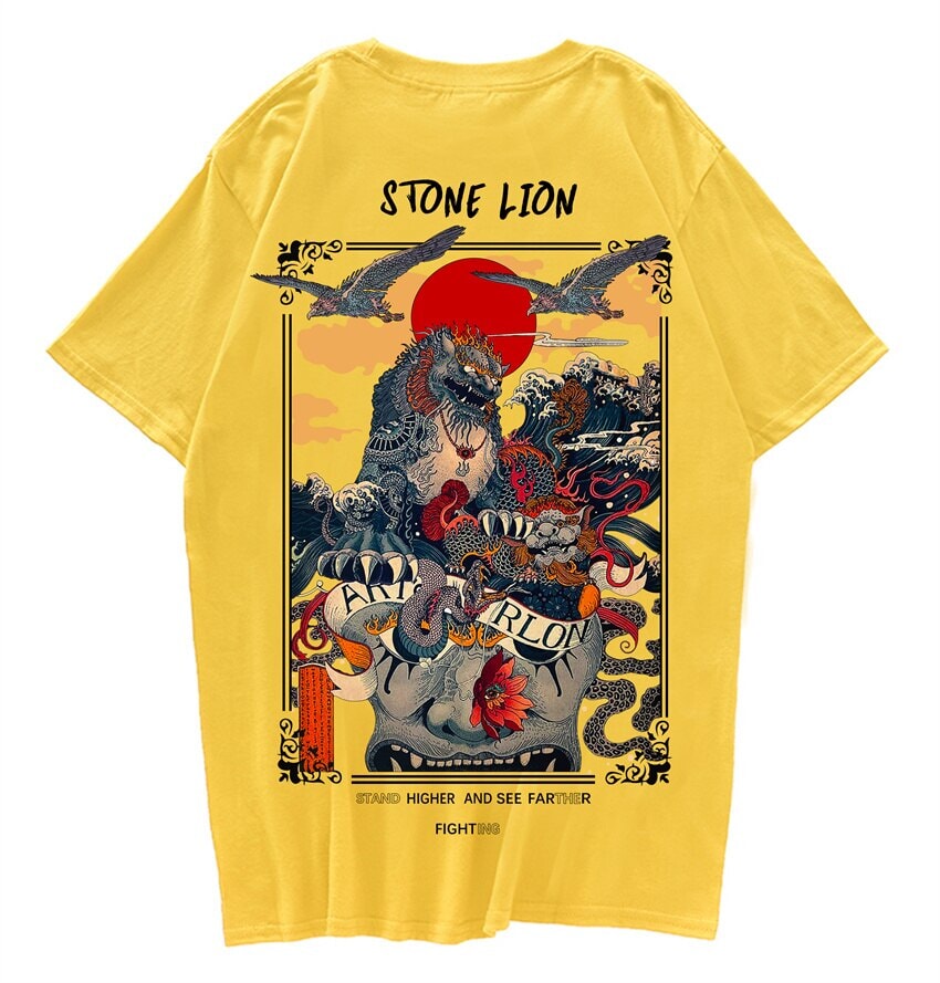 kawaiies-softtoys-plushies-kawaii-plush-Harajuku Stone Lion Printed Streetwear Unisex Tee | NEW Tops Yellow S 
