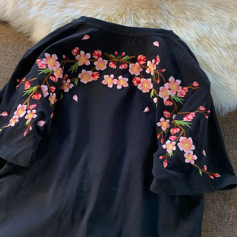kawaiies-softtoys-plushies-kawaii-plush-Japanese Cherry Blossoms Embroidery Tee Apparel Black S 