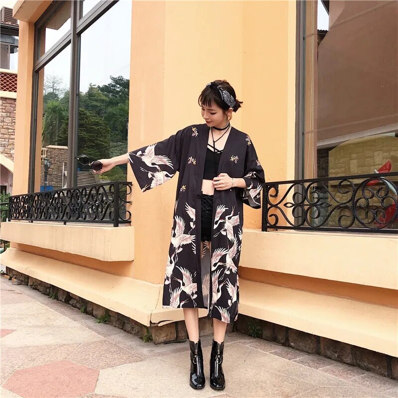 kawaiies-softtoys-plushies-kawaii-plush-Japanese Crane Print Long Kimono Kimono 