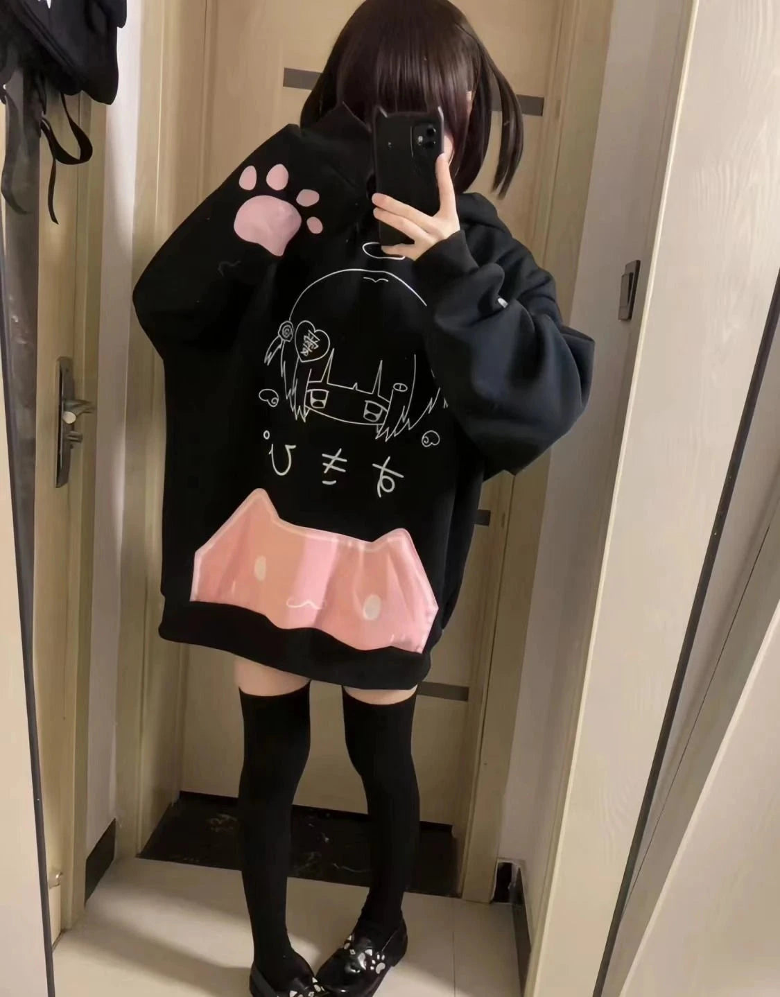 kawaiies-softtoys-plushies-kawaii-plush-Japanese Harajuku Gothic Cat Black Pink Hoodie Apparel 