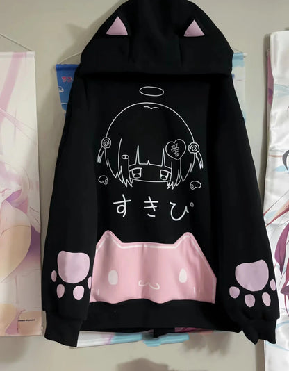 kawaiies-softtoys-plushies-kawaii-plush-Japanese Harajuku Gothic Cat Black Pink Hoodie Apparel 