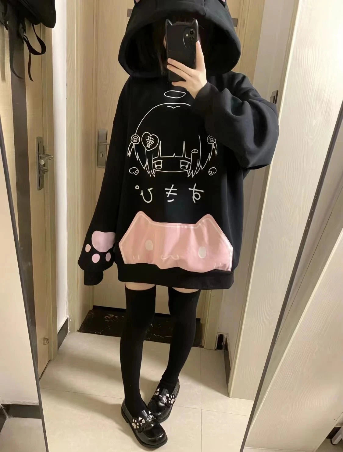 kawaiies-softtoys-plushies-kawaii-plush-Japanese Harajuku Gothic Cat Black Pink Hoodie Apparel 