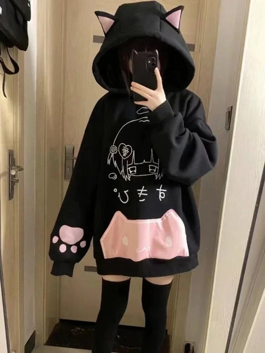 kawaiies-softtoys-plushies-kawaii-plush-Japanese Harajuku Gothic Cat Black Pink Hoodie Apparel 