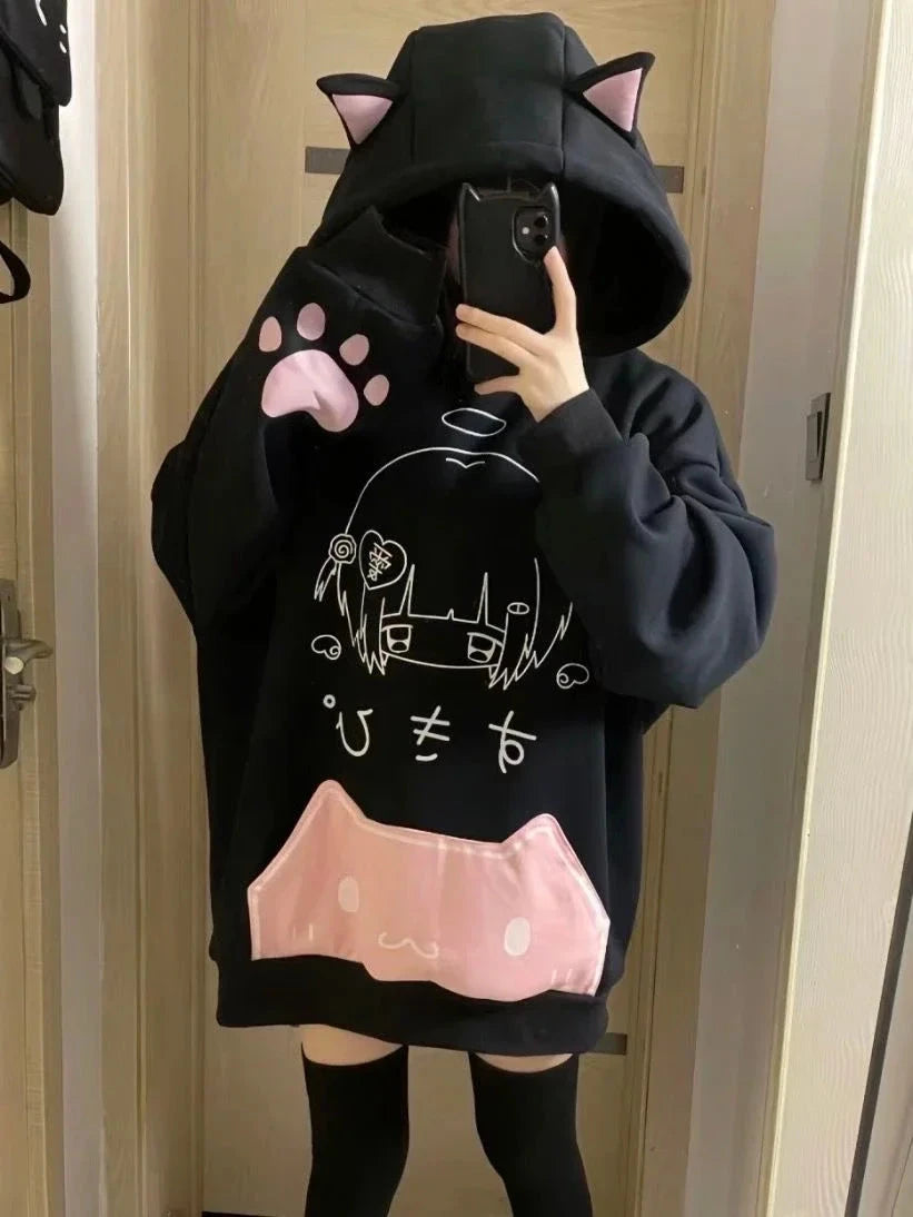 kawaiies-softtoys-plushies-kawaii-plush-Japanese Harajuku Gothic Cat Black Pink Hoodie Apparel S (US 4) 